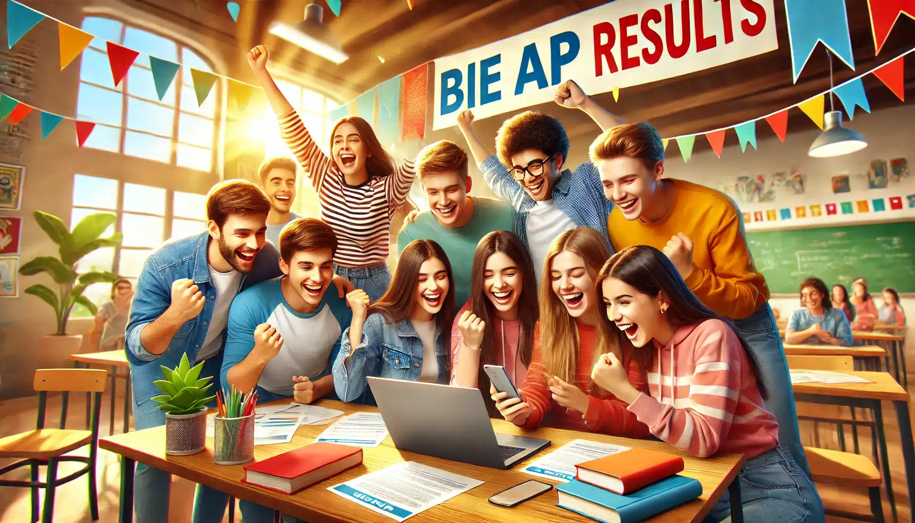 Students checking BIE AP results on laptops with excitement.